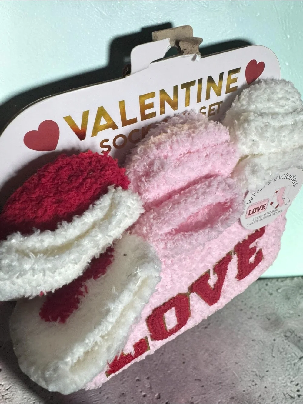 Valentine 'LOVE' Pink Cosmetic Bag with Fuzzy Slipper Socks